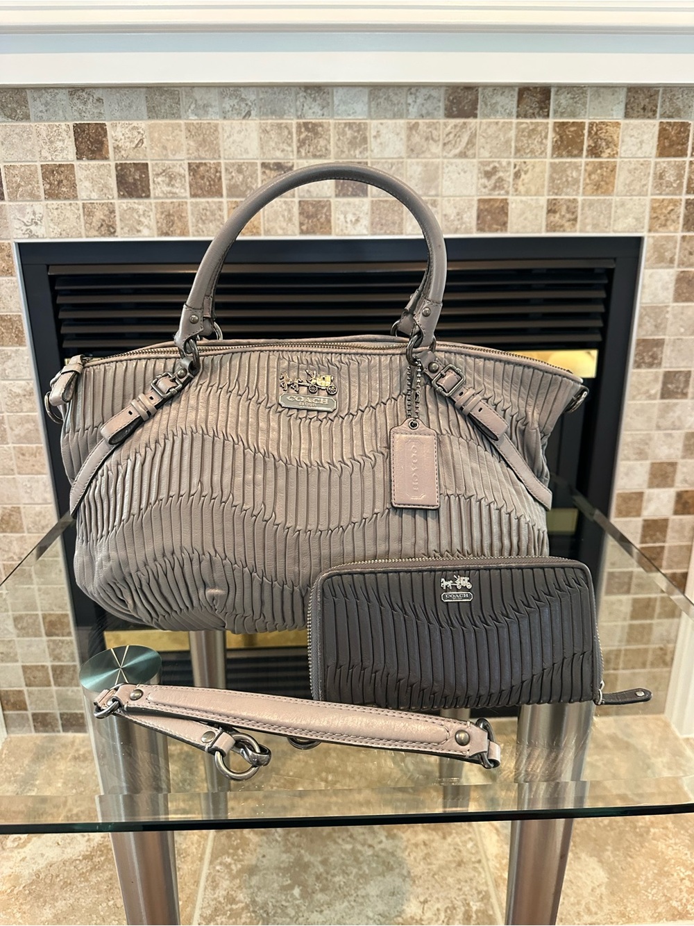 Coach Taupe Pleated Leather Satchel with Wallet and Strap